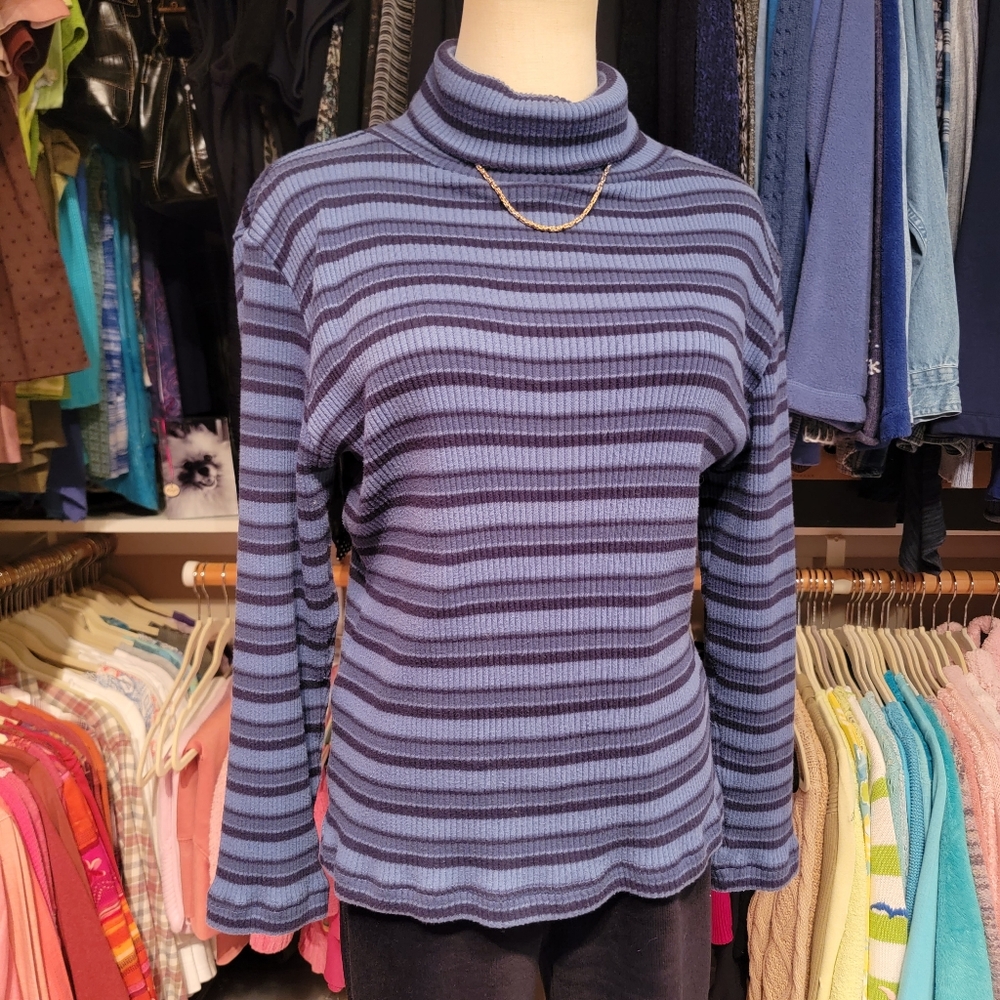 CAROLYN TAYLOR ♡ Beautiful Vintage Navy Blue Striped Ribbed Turtle Neck Top L